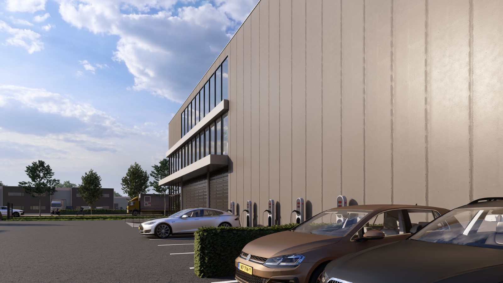 Modern bedrijfspand met verticale gevelpanelen, elektrische laadpalen en functioneel ontwerp architect.