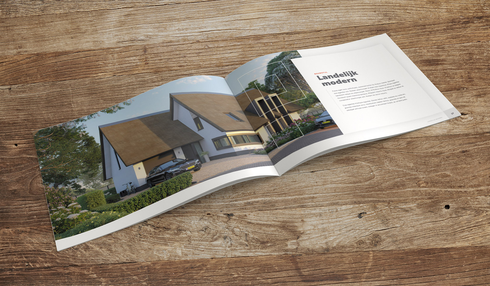 Opengelegde brochure van Bongers Architecten met landelijke moderne villa &ndash; inspiratie voor duurzaam huis ontwerpen en architect woningontwerp op maat.
