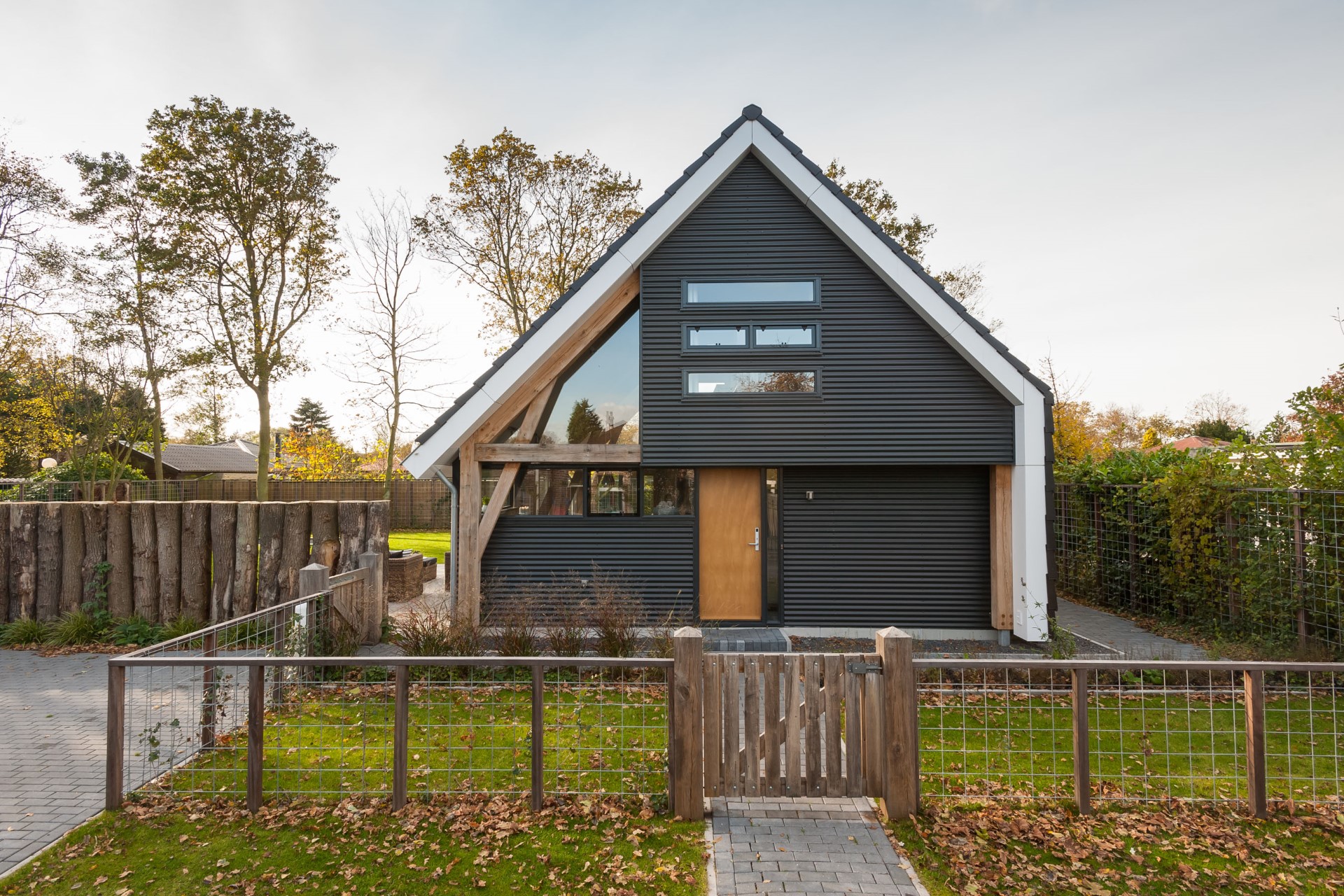 Moderne recreatiewoning met zwarte gevelbekleding, houten accenten en asymmetrisch dak &ndash; duurzaam huis ontwerpen met oog voor licht en zicht