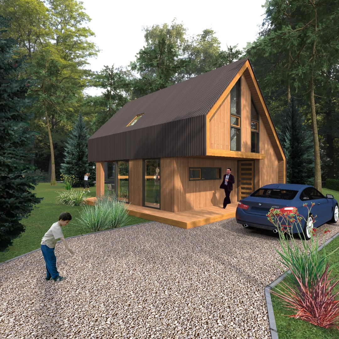Visualisatie van houten vakantiehuis met staalaccenten, grote ramen en grindoprit &ndash; energiezuinige woning architect Oud-Alblas