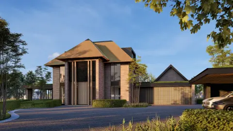 Oprijlaan naar moderne villa met rieten kap, verticale lamellen en inpandige carport &ndash; ontworpen door architect Oud-Alblas met oog voor functionaliteit en design