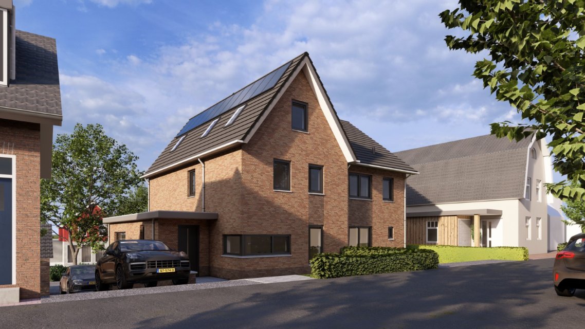 Vrijstaande woning met bakstenen gevel, zonnepanelen en moderne kap &ndash; energiezuinige woning door architect Oud-Alblas.