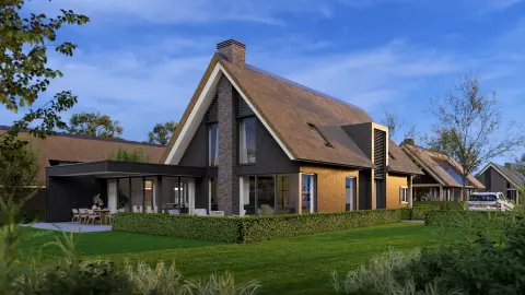 "Moderne rietgedekte villa met hoge kap, donkere gevelbekleding en royale glaspartijen &ndash; duurzaam huis ontwerpen door architect Oud-Alblas."