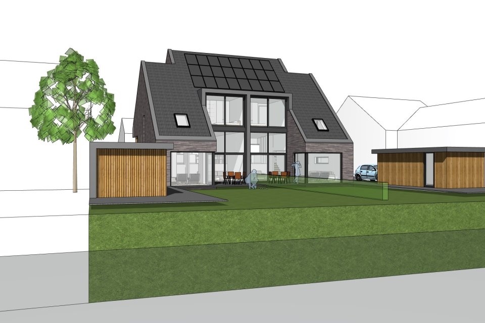 Twee-onder-een-kap met zonnepanelen, grote glaspuien en houten bijgebouwen &ndash; energiezuinige woning door architect Oud-Alblas