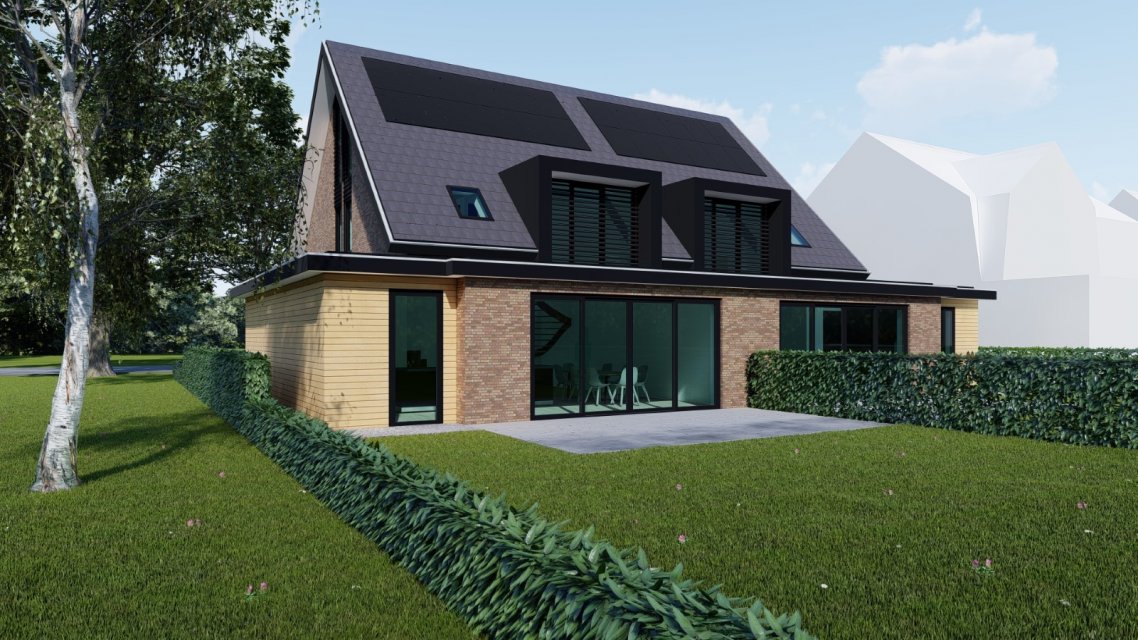 Energiezuinige twee-onder-een-kap met grote schuifpuien, dakkapellen en zonnepanelen &ndash; duurzaam huis ontwerpen door architect Oud-Alblas.