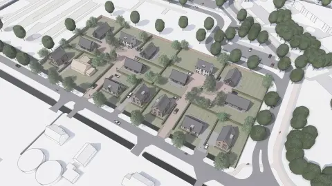 3D vogelvlucht van woningbouwplan met vrijstaande woningen, groene kavels en rustige ontsluiting; ontwerp door ervaren architectenbureau, architect Oud-Alblas.