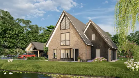 Vrijstaande villa met hoge kap, warme baksteen en houten gevelaccenten aan het water &ndash; moderne nieuwbouw door Bongers Architecten