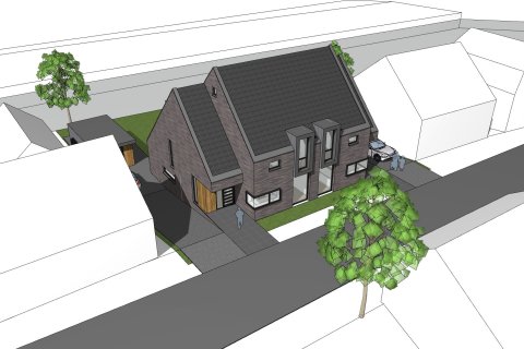 Twee-onder-een-kap met donker metselwerk, risaliet en houten accenten &ndash; architect woningontwerp door architect Oud-Alblas