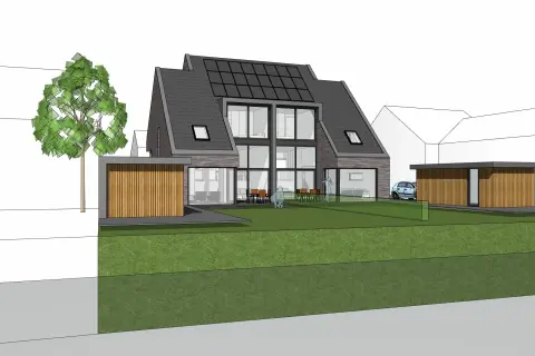 Twee-onder-een-kapwoning met moderne kapvorm, grote glaspartijen en zonnepanelen &ndash; duurzaam maatwerk door Bongers Architecten