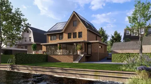 Duurzame villa aan het water met bakstenen gevels, zonnepanelen en royaal overdekt terras &ndash; maatwerk ontwerp door Bongers Architecten
