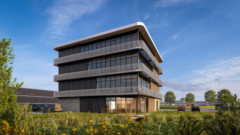 Bedrijfspand architectuur met elegante horizontale geleding, open gevelstructuur en maatwerk in licht en zicht.