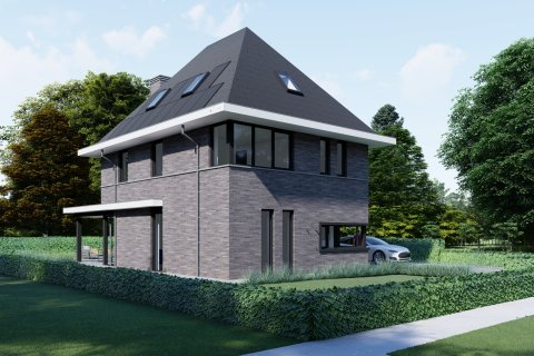 Minimalistische moderne villa met grijze bakstenen gevel, strakke belijning en grote raampartijen &ndash; ontwerp Bongers Architecten.