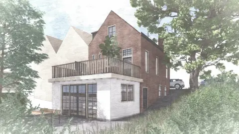 Schetsimpressie restyling woning: bakstenen volume met witte aanbouw en dakterras; ervaren architect Oud-Alblas met licht en zicht in architectuur.