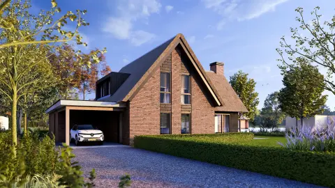 Moderne villa met rieten kap, bakstenen topgevel en strakke carport aan grindoprit, grote ramen voor licht en zicht &ndash; architect Oud-Alblas.