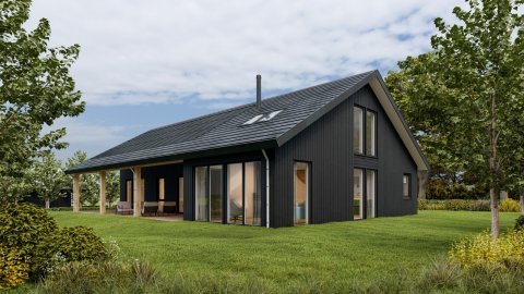 Moderne zwarte schuurwoning met lage kap, houten kozijnen en veranda &ndash; duurzaam ontwerp in landelijke stijl door Bongers Architecten