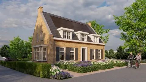 Duurzame nieuwbouw gezinswoning met klassieke uitstraling, gele baksteen en onderhoudsvriendelijke tuin