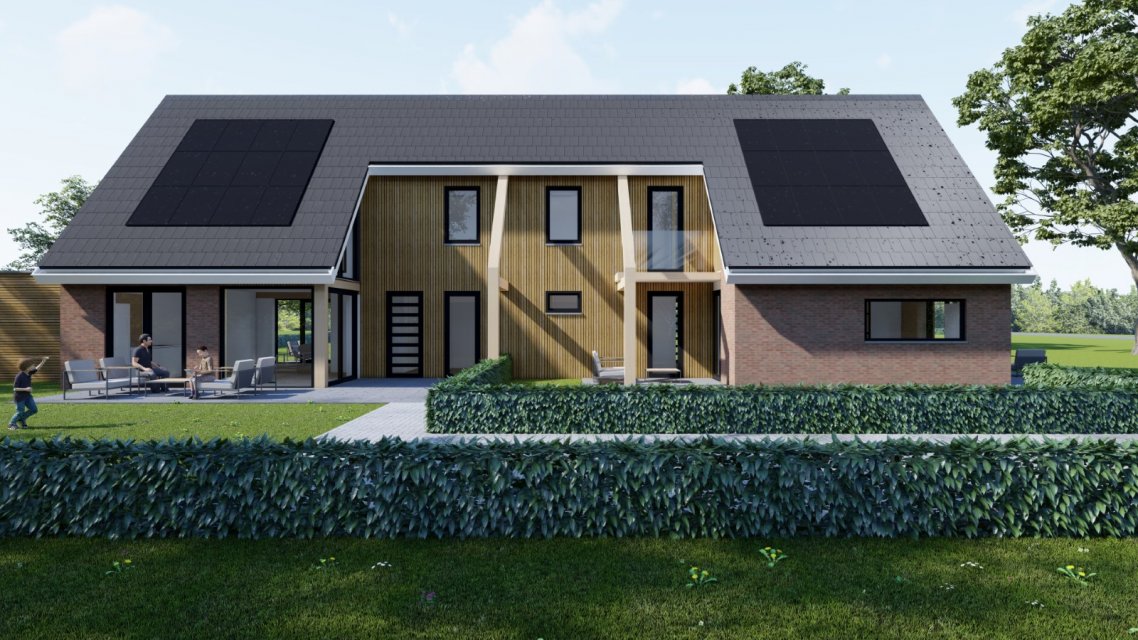 Symmetrische twee-onder-een-kap met houten gevelaccenten en zonnepanelen &ndash; energiezuinige woning door architect Oud-Alblas
