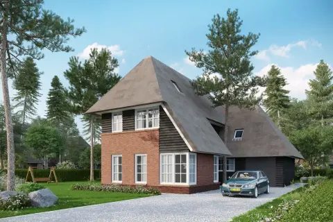 Landelijke villa met rieten kap, rode baksteen en houten gevelaccenten &ndash; ontworpen door architectenbureau in Nederland.
