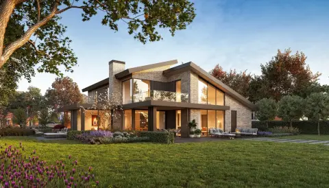 Moderne villa met natuurstenen gevel, grote glaspartijen en schuine daklijnen &ndash; open en licht ontwerp door Bongers Architecten