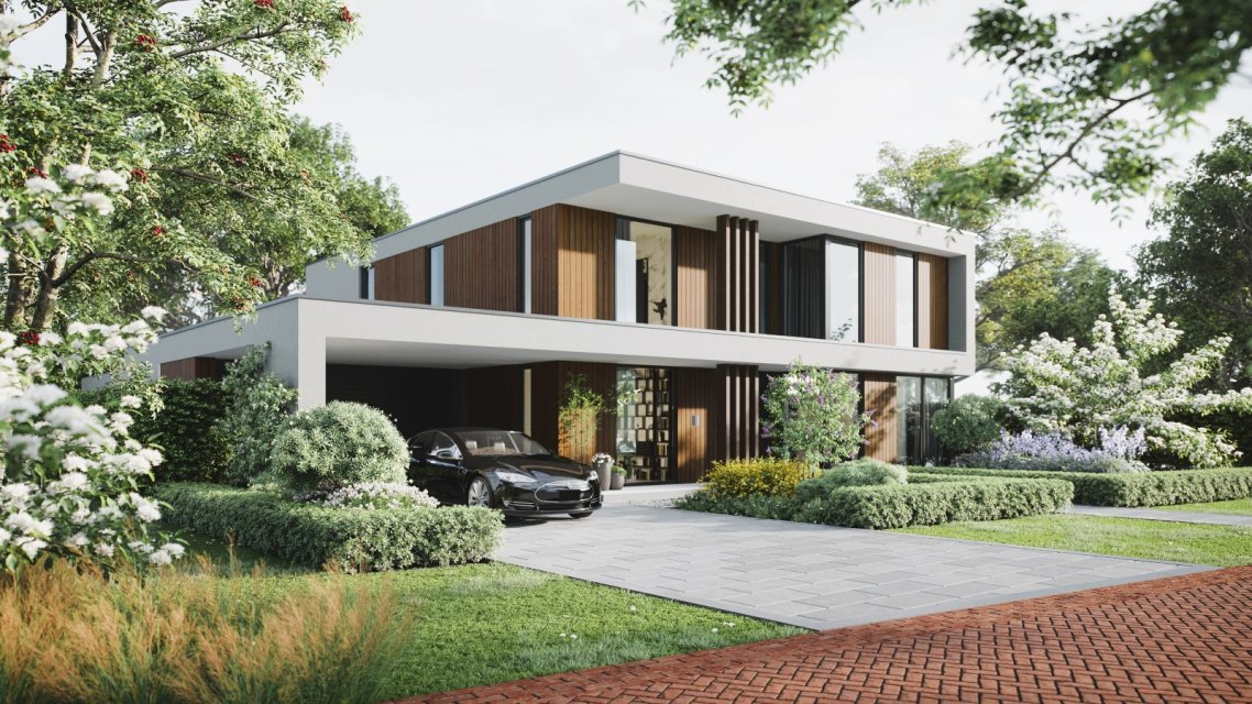 Strakke villa met houten gevelbekleding, wit kader en inpandige carport &ndash; Bongers Architecten, architectenbureau Zuid-Holland.