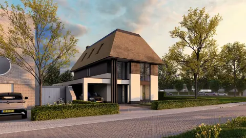 Moderne villa met rieten kap, carport, donkere kozijnen en strakke gevelvlakken &ndash; architect Molenlanden.