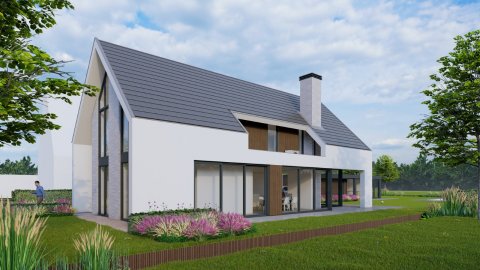 Moderne woning met witte gevel, donkere kap en grote glaspartijen &ndash; duurzaam huis ontwerpen met zicht op tuin en lichtinval.
