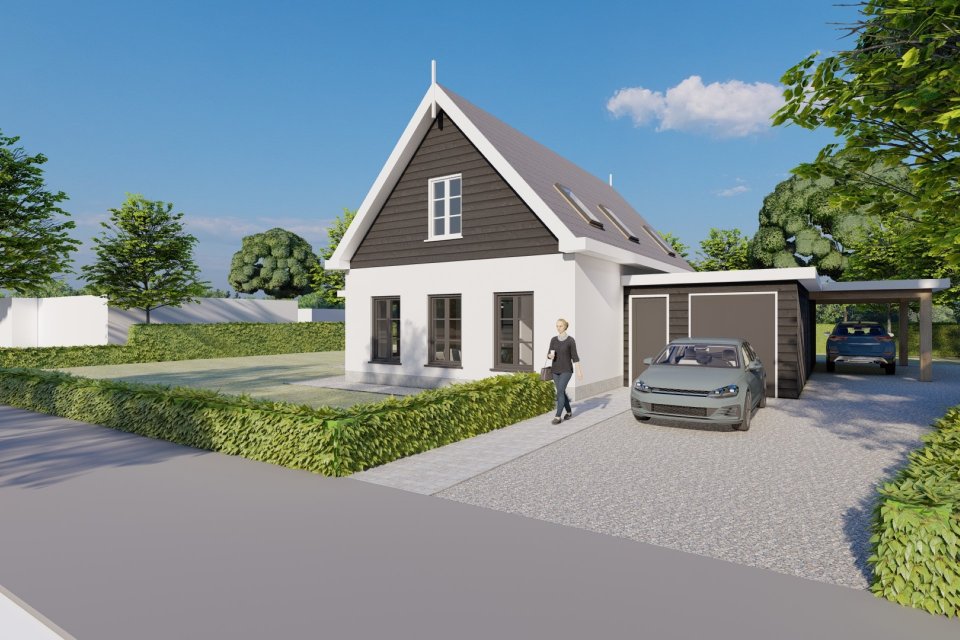 Vakantiehuis met wit stucwerk, donkere kap en ge&iuml;ntegreerde carport &ndash; functioneel ontwerp architect Oud-Alblas