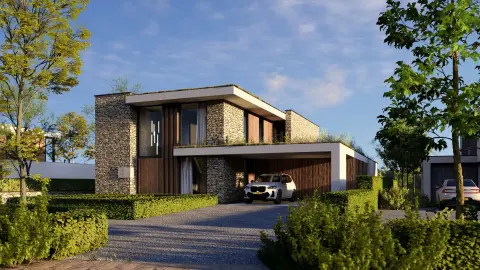 "Moderne villa met natuurstenen gevels, houten accenten en ge&iuml;ntegreerde carport &ndash; energiezuinig woningontwerp door architect Oud-Alblas."