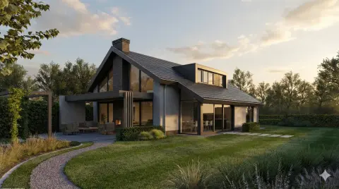 Moderne villa met donker zadeldak, veel glas en overdekt terras in groene tuin &ndash; licht en zicht in architectuur door ervaren architect Oud-Alblas.