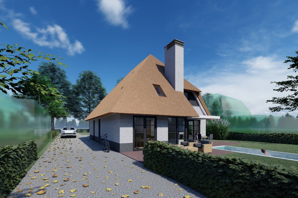 Moderne rietgedekte villa met wit stucwerk en ruime oprit &ndash; ontworpen als duurzaam huis door architect Oud-Alblas.