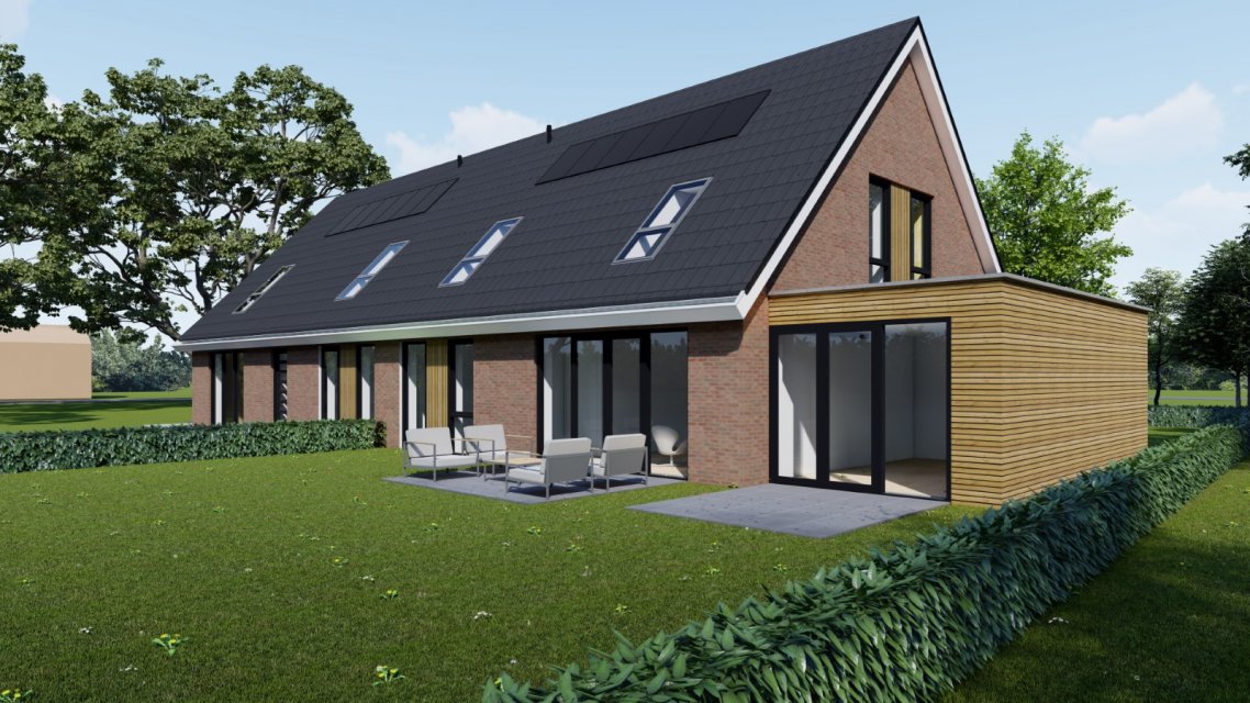 Twee-onder-een-kap woning met zonnepanelen, houten uitbouw en royale glaspuien &ndash; duurzaam huis ontwerpen door architect Oud-Alblas.