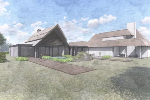 Moderne villa met rieten kap, grote glaspuien en verbonden bijgebouw &ndash; ontworpen door architectenbureau in Nederland