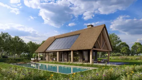 Duurzame moderne villa met rieten dak, grote glaspartijen, zonnepanelen en zwembad &ndash; landelijk ontwerp door Bongers Architecten