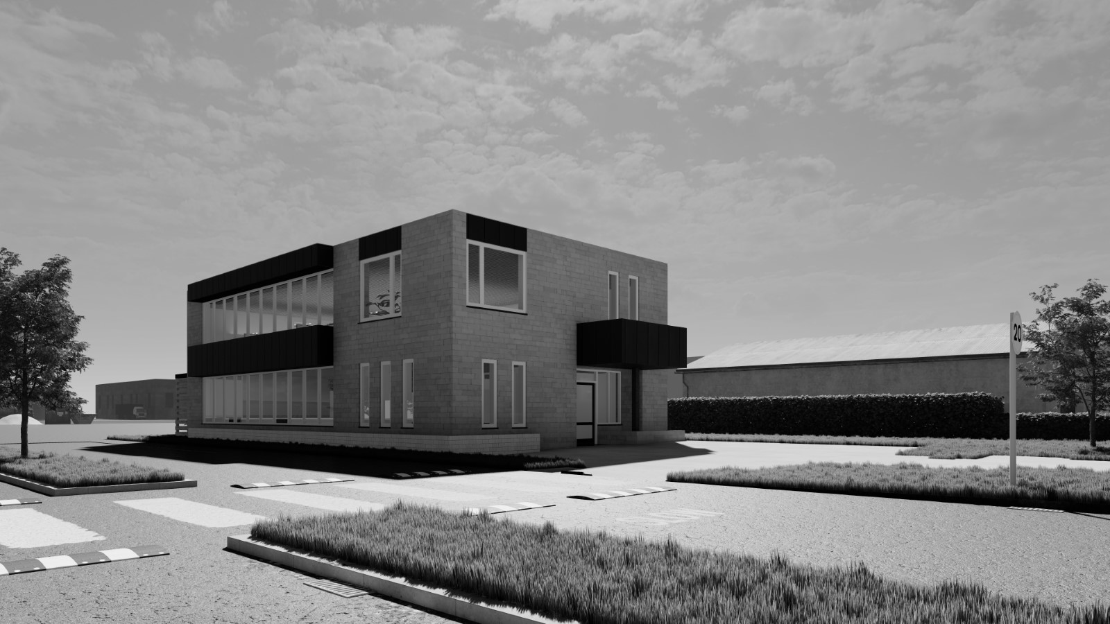 Bestaand bedrijfspand met rechthoekige volumes en gesloten gevelbeeld &ndash; uitgangspunt voor renovatie en bedrijfspand ontwerpen.