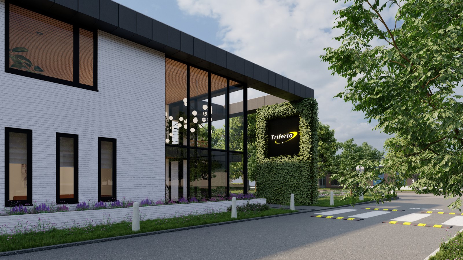 Renovatie bedrijfspand met witte baksteen, groene gevel en glazen entree &ndash; duurzaam bedrijfspand ontwerpen
